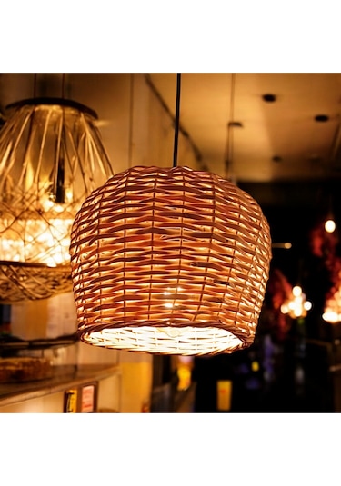 Hasır Yuvarlak Avize El Yapımı 30 Cm Sarı Bej - Sarı