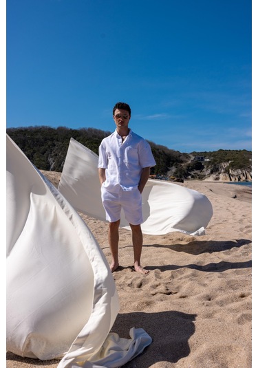 Keten Kumaş Beyaz Renk Cep Detaylı Gömlek Şort Erkek Takım-1733 Beyaz