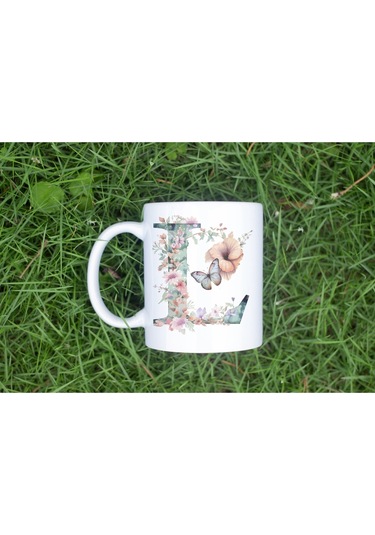 L Harfi Çiçekli Kupa Bardak - Soft Renk Çiçek Ve Kelebek Desenli Zarif Kahve Kupası - Bohem Beyaz