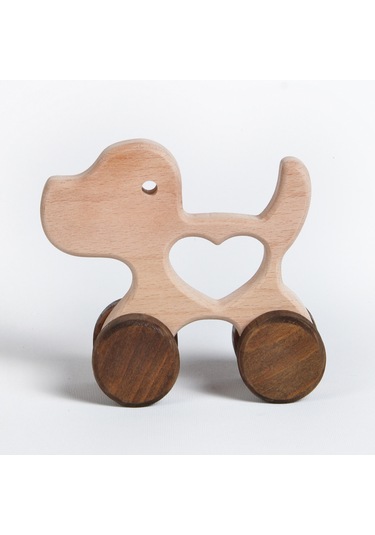 Ahşap El Yapımı Doğal Montessori Kalpli Köpek Tekerlekli Oyuncak