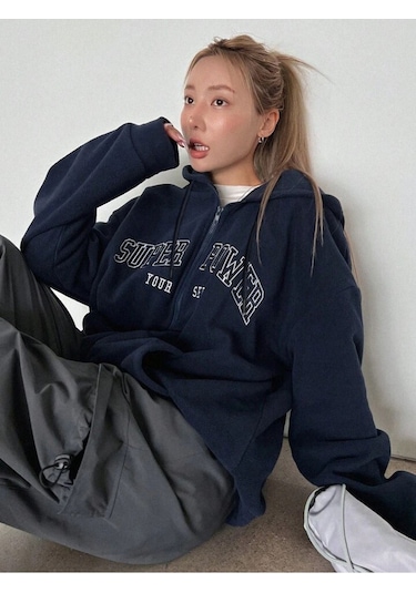 Süper Power Hırka - Lacivert Baskılı Oversize Kapüşonlu Lacivert