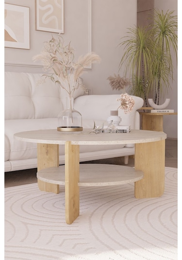 İskandinav Orta Sehpa 90 Cm, Bohem - Traverten & Safir Meşe