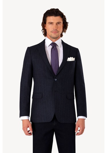 Erkek Lacivert Kışlık Yünlü Regular Fit Desenli Tek Ceket Lacivert