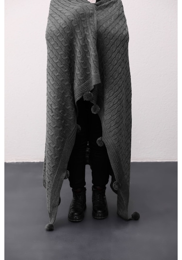 Biocotton Triko Ponponlu Örgü Tv Battaniyesi - Antrasit