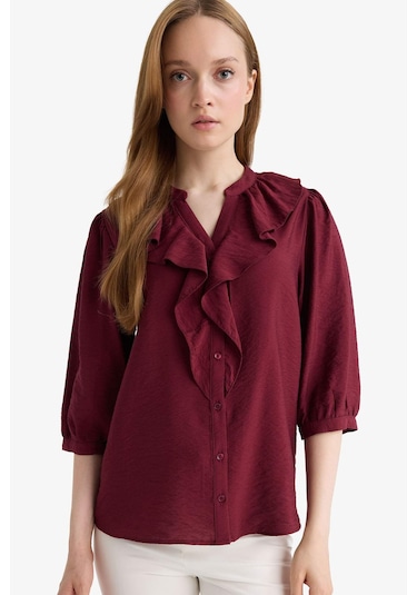 Defacto Regular Fit Bisiklet Yaka Volanlı Uzun Kollu Gömlek E9922ax25aubr194 Bordo