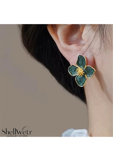 Magnolia Çiçekli Küpe Sevgililer Günü , Annenize Verilecek En Güzel Hediye Altın - Yeşil