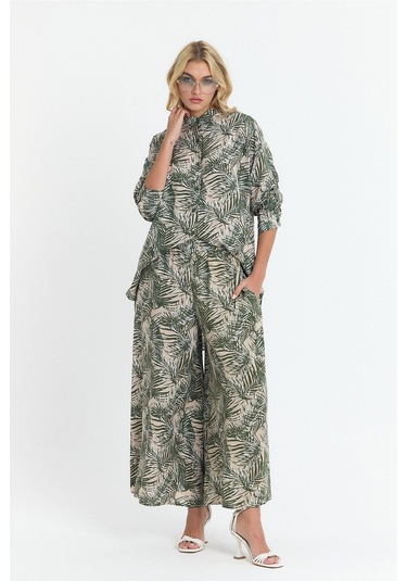 Schık Kadın Viskon Rahat Bol Paça Truvakar Kol Önü Düğme Baskılı Takım Haki