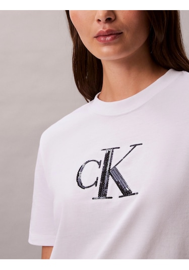 Calvin Klein Kısa Kollu Payetli Ck Grafikli Kadın Beyaz T-shirt Lv044e215g-yaa Beyaz