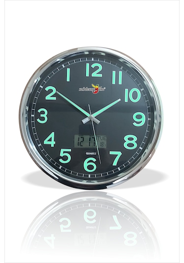 Fosforlu Gece Görünen 32 Cm Ters Çalışan Sessiz Siyah Duvar Saati Siyah - Gümüş