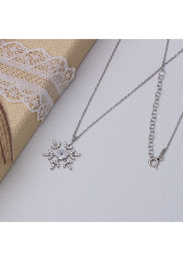 Kar Tanesi Sedef Çiçekli Model Zirkon Taşlı 925 Ayar Gümüş Kadın Kolye Gümüş - Rodyum