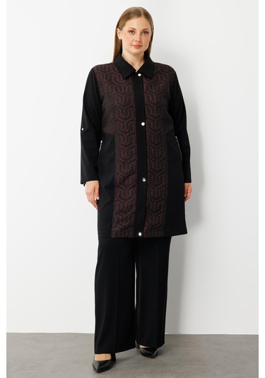 Moda İlgi Kadın Büyük Beden Ön Kapama Çıtçıtlı Fermuarlı Gofre Kumaş Tunik 0017 Bordo Bordo
