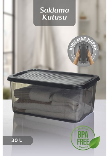 30 Lt Multibox Saklama Kabı - Kilitli Kapaklı Çok Amaçlı Düzenleyici Kiler Depolama Saklama Kutusu Siyah