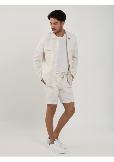 Dufy Ekru Erkek Slim Fit Çizgili Casual Short - 104661-Ekru