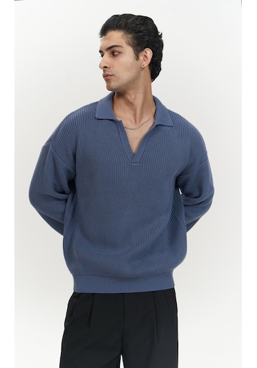 Mai Collection Mai Studios Co. Magnus Polo Yaka İndigo Erkek Triko Kazak İndigo