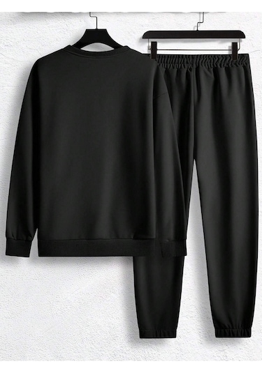 Erkek Düz Eşofman Takımı Sweatshirt Jogger - Siyah Oversize Şardonlu Bisiklet Yaka Siyah