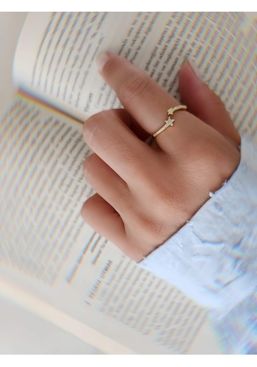 Zirkon Taşlı Yıldız Model Ayarlanabilir Gold Altın Renkli Yüzük Gold