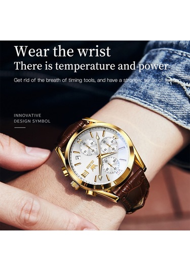 Olevs 2872 Erkekler Üç Göz Altı İğne Kronograf Su Geçirmez Kuvars Saat Beyaz + Altın