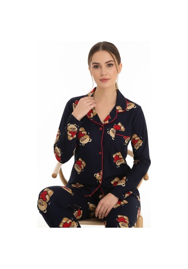 Luxury Soft Lacivert Ayıcık Desenli Uzun Kollu Kadın Pijama Takımı 3057 Siyah