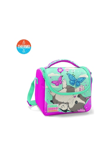 Coral High Kids Su Yeşili Pembe Kedi Desenli Thermo Beslenme Çantası 11707