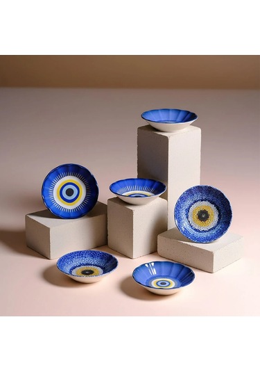 Fecra Acem 6'lı Nazarı Çay Tabağı Seti Karma Mavi