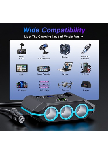 Youtek Siyah Araç Şarj Adaptörü: 3 Çıkışlı Prizi + 4 Usb Hızı 3.4a , Led Voltaj Göstergeli, 12-24v Evrensel, Çoklu Koruma Fonksiyonlu