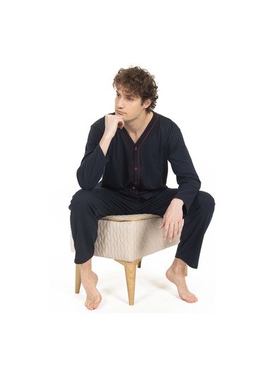 Erkek Boydan Düğmeli Yüksel Kalite Pamuk Pijama Takımı 16511-lacivert Lacivert