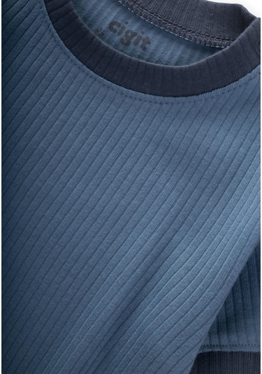 Cigit Garnili Fitilli T-shırt Takım 1-5 Yaş İndigo Mavi İndigo