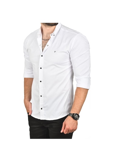 Deepsea Erkek Beyaz Çıt Çıt Düğmeli Örme Kumaş Dar Kesim Likralı Gömlek 2300413 Beyaz
