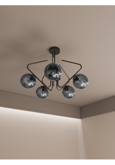 Lunor Siyah Kasa Bal Rengi Cam Küre Başlıklı Modern 5'li Avize