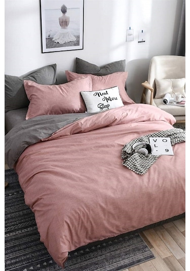 Alla Turca Tek Kişilik Ranforce Çift Taraflı Nevresim Seti - Çarşafsız Pudra/gri