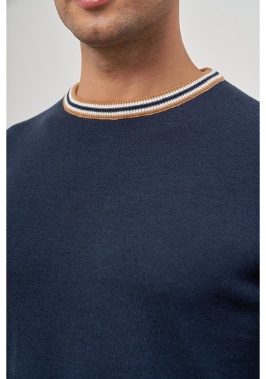 İndigo Mavi Uzun Kol Düz Örme Bisiklet Yaka Classic Slim Fit Triko 1012245108 İndigo Mavi