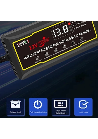 Xuweiwei Jınnuoyı 12v Akü Şarj Cihazı Siyah Eu Fişi Geliştirilmiş Büyük Dijital Ekran Darbe Onarım Bakım Çoklu Koruma Araba Motosiklet Karavan