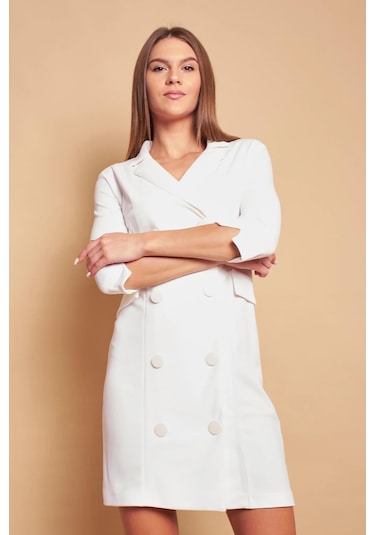 Yakalı Sırt Dekolteli Anvelop Likralı Kumaş Düğmeli Ceket Elbise-krem Krem
