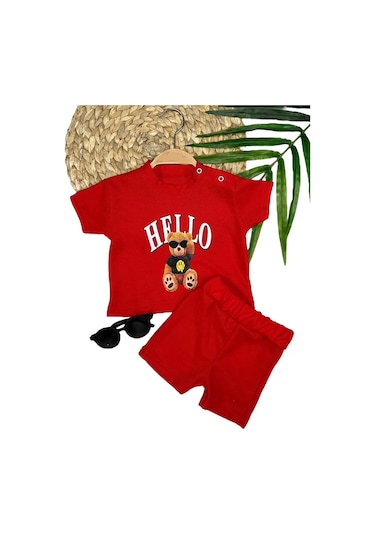 9-12-18-24 Ay Hello Gözlüklü Ayıcık Baskılı Şortlu Kısa Kollu Tişört 2li Erkek Bebek Takımı Kırmızı