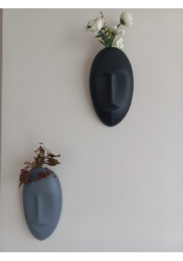 Dekoratif 2'li Yüz Duvar Vazosu, Duvar Süsü ,heykel Aksesuar Siyah Gri