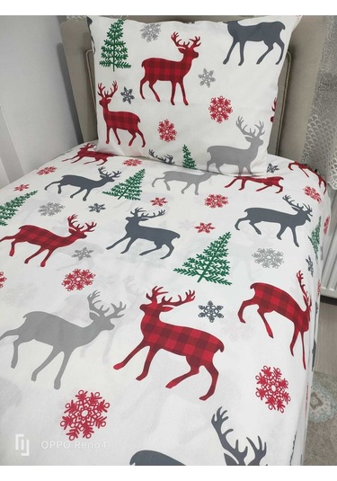 Tek Kişilik Ara Beden 120x200 Ranforce Lastikli Çarşaf Takımı Yılbaşı Desen Beyaz