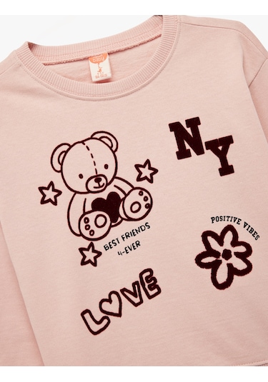 Koton Ayıcık Baskılı Uzun Kollu Bisiklet Yaka Pamuklu Sweatshirt Pembe 6wmg10072ak Gül