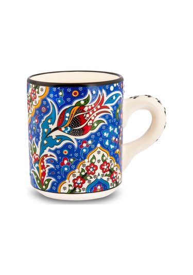 El Yapımı Seramik Kupa Organik Boya Lale Figürü MAvi