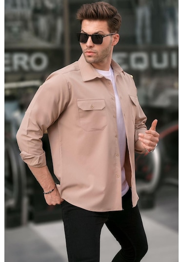 Madmext Bej Basic Regular Fit Erkek Gömlek 6716 Bej