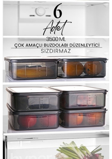 Kitchen Life 6 Adet 3,5 Litre Buzdolabı İçi Düzenleyici Dikdörtgen Erzak Saklama Kabı Seti - Organizeri 3500  ML