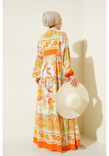 Bigdart 2423 Otantik Desenli Elbise - Y.Turuncu