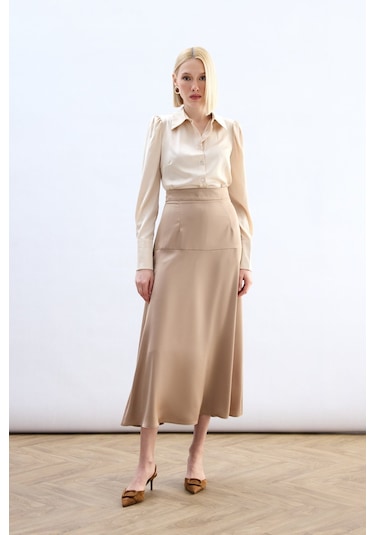 Sateen Yüksek Bel Saten Etek - Bej-136784 Bej