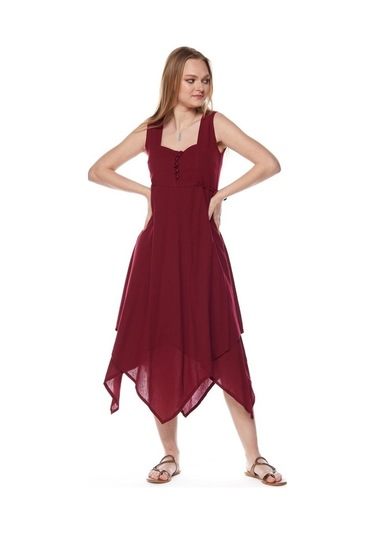 Şile Bezi Bordo Asimetrik Düğmeli Elbise Bordo