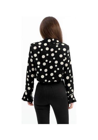 Omuzları Vatkalı Kolları Volanlı Puantiyeli Saten Gömlek - Siyah-ekru-siyah-ekru Siyah - Ekru