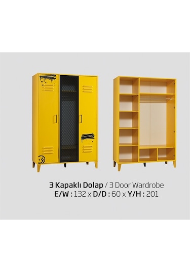 Dolap Urlu Mix Sarı Model Üç Kapaklı Kafes Kapak Arkası Cam Detay Sarı