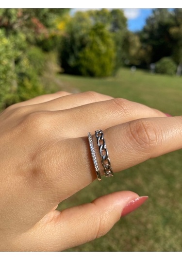 İki Sıra Gümüş Kaplama Kadın Zarif Yüzük Sevgiliye Hediye Gümüş