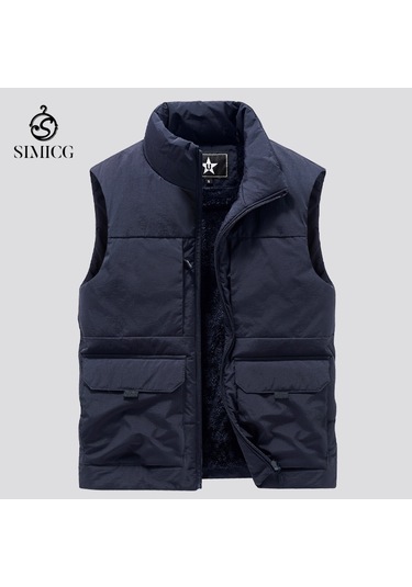 Kalın Polar Retro Çok Cepli Dik Yaka Erkek Yeleği... Mavi