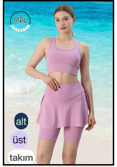 Kadın Takım Alt - Üst Biker Şort Diz Üstü &crop Bra Ped Destekli Denizde Havuzda Sporda Llia Lila