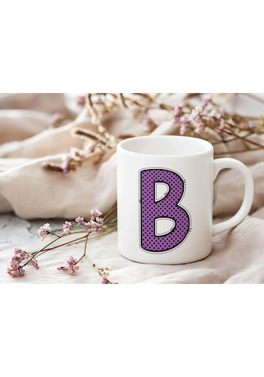 B Harfi Mor Puantiyeli Kupa Bardak - Polka Dot Tasarım Kahve Çay Bardak - Kişiye Özel Hediyelik Beyaz