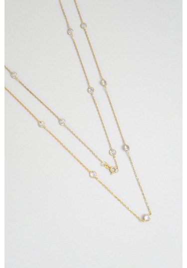 Beyaz Taşlı 18 Ayar Sarı Altın Kaplama 90 Cm Gümüş Kolye Sarı